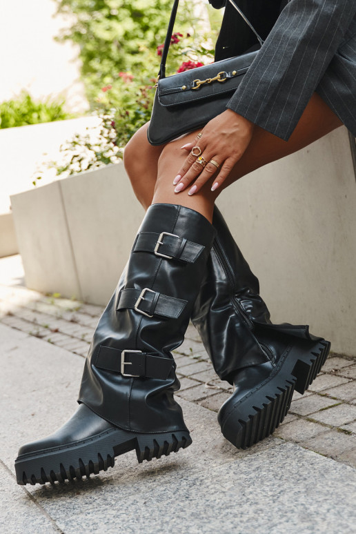 Paarsgewarmde damesknielaarzen met zilveren gespen in zwart "Isavine"