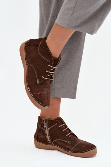 Leren dames schoenen met naden, kasteeltype, Artiker 57C2117, bruine kleur