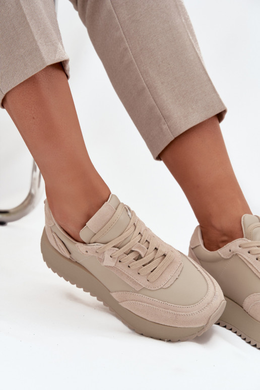 Leer Sneakers model schoenen Dames met platform Artiker 55C0021 beige