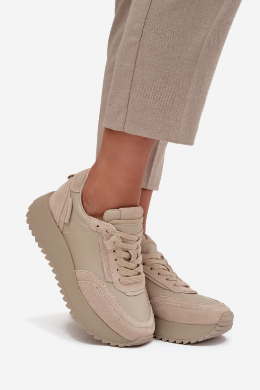 Leer Sneakers model schoenen Dames met platform Artiker 55C0021 beige