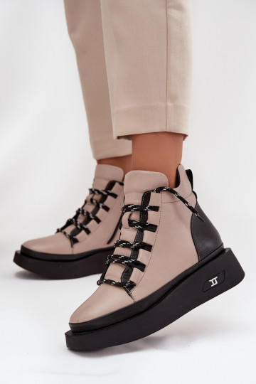 Leer Dameslaarzen met platform opInarmen Artiker 55C0884 beige 2