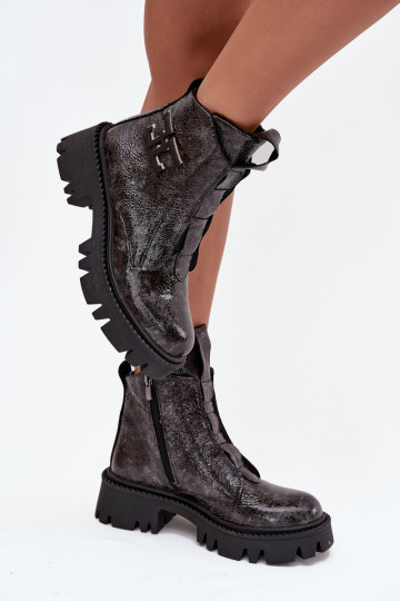 Leren dames enkellaarsjes met lak-effect en ornamenten, gevoerd, Artiker 57C2081 grijze kleur