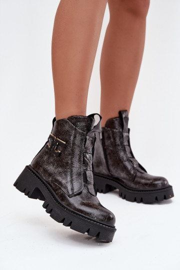 Leren dames enkellaarsjes met lak-effect en ornamenten, gevoerd, Artiker 57C2081 grijze kleur 2