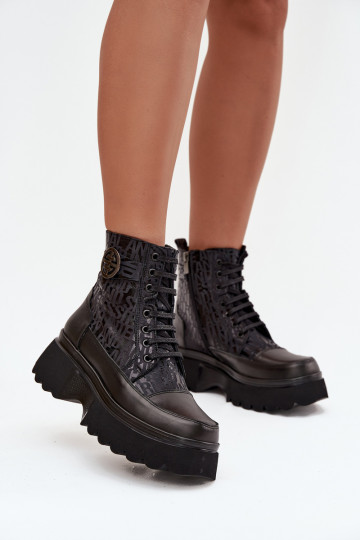 Leren dames enkellaarsjes met platform en decoratieve details, Artiker 57C2273 zwarte kleur 2