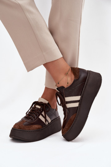 Leer Sneakers model schoenen Dames met platform Zazoo 3775 CzekoladoIne 2