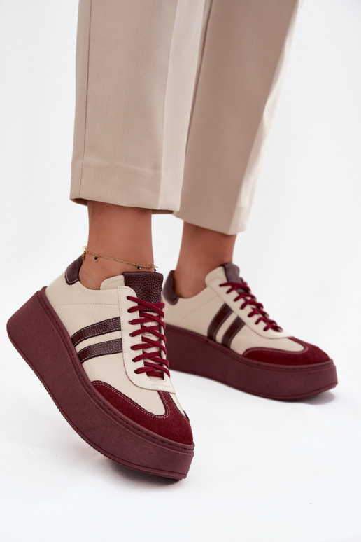 Leer Sneakers model schoenen Dames met platform Zazoo 3775 beige-bordeaux