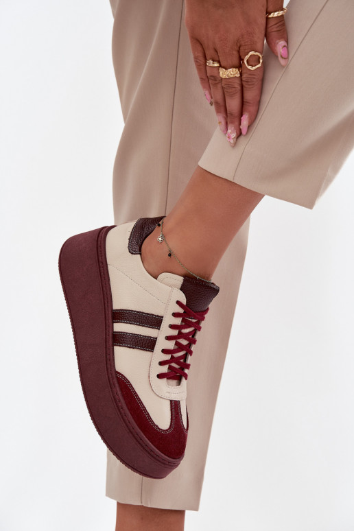 Leer Sneakers model schoenen Dames met platform Zazoo 3775 beige-bordeaux