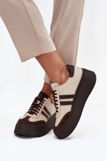 Leer Sneakers model schoenen Dames met platform Zazoo 3775 beige-CzekoladoIne