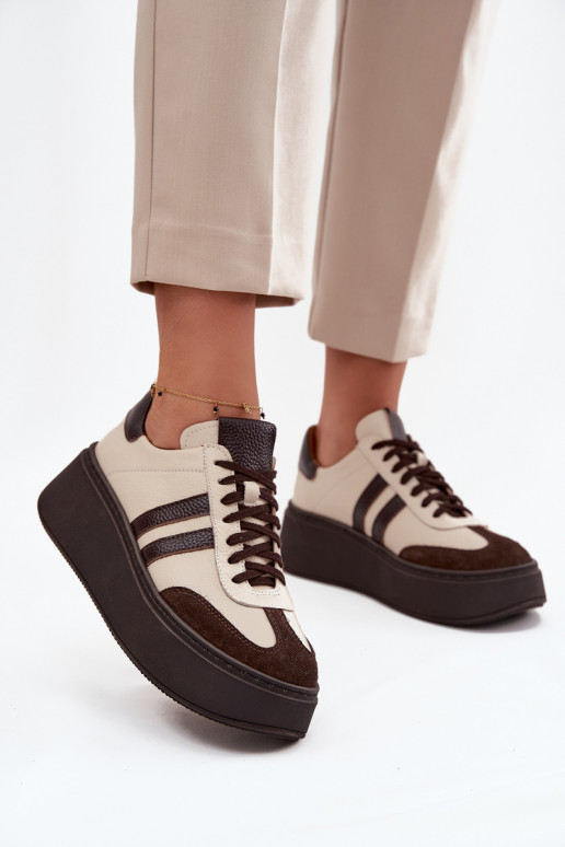 Leer Sneakers model schoenen Dames met platform Zazoo 3775 beige-CzekoladoIne