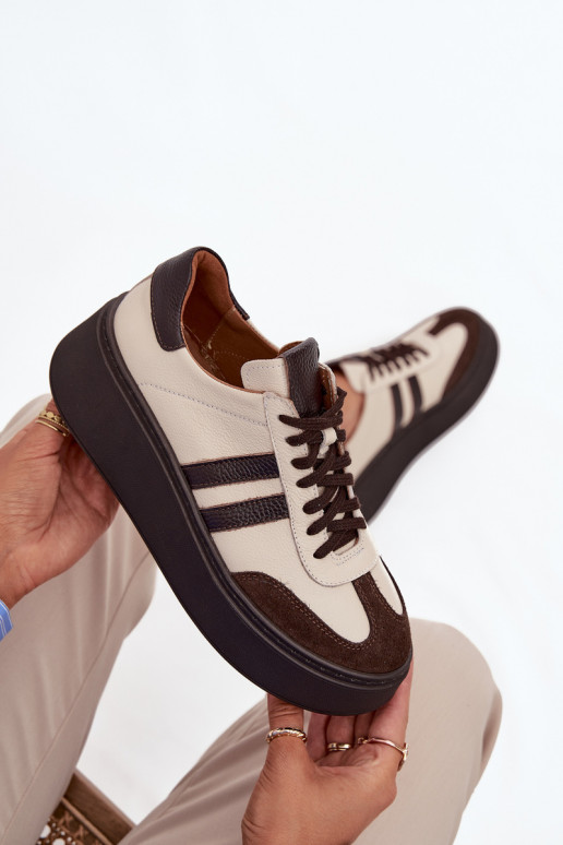 Leer Sneakers model schoenen Dames met platform Zazoo 3775 beige-CzekoladoIne