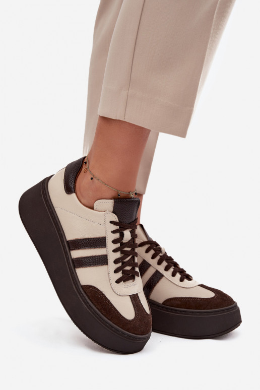 Leer Sneakers model schoenen Dames met platform Zazoo 3775 beige-CzekoladoIne