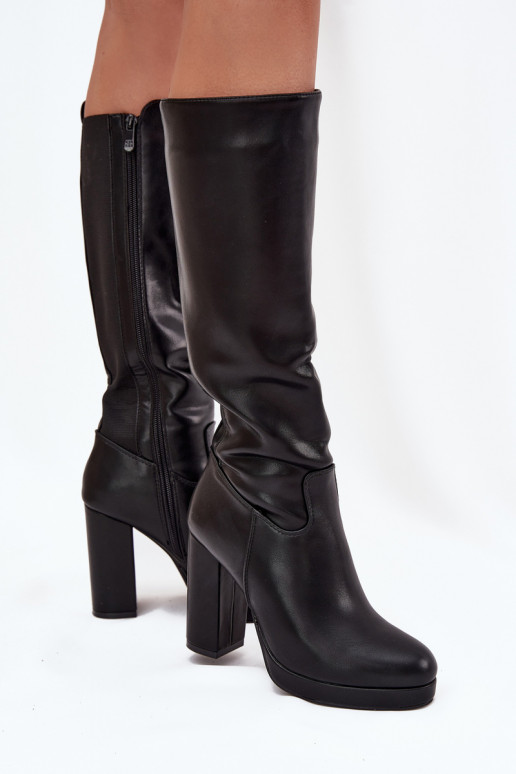 Dames laarzen tot de knie met hakken, eco-leer, zwarte kleur Thalina