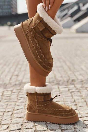 Suède sneeuwlaarzen dames met versierde stiksels, Big Star SS274373, bruine kleur