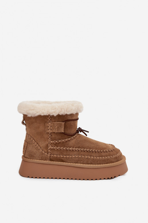 Suède sneeuwlaarzen dames met versierde stiksels, Big Star SS274373, bruine kleur Suède sneeuwlaarzen dames met versierde stiksels, Big Star SS274373, bruine kleur