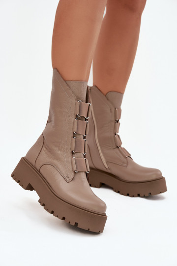 Dames leren enkellaarsjes met platform Zazoo 3795 zandkleur