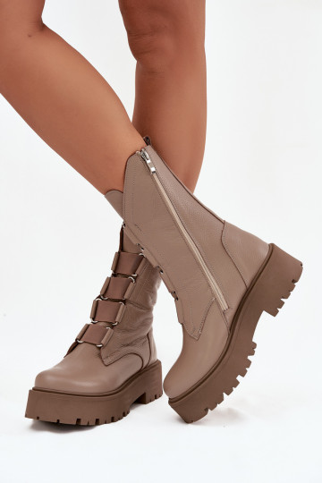 Dames leren enkellaarsjes met platform Zazoo 3795 zandkleur 2
