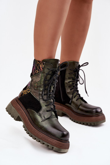 Leer Enkellaarsjes voor Inerknemers Dames met platform Het heeftciejka 07104-09 kaki kleuren