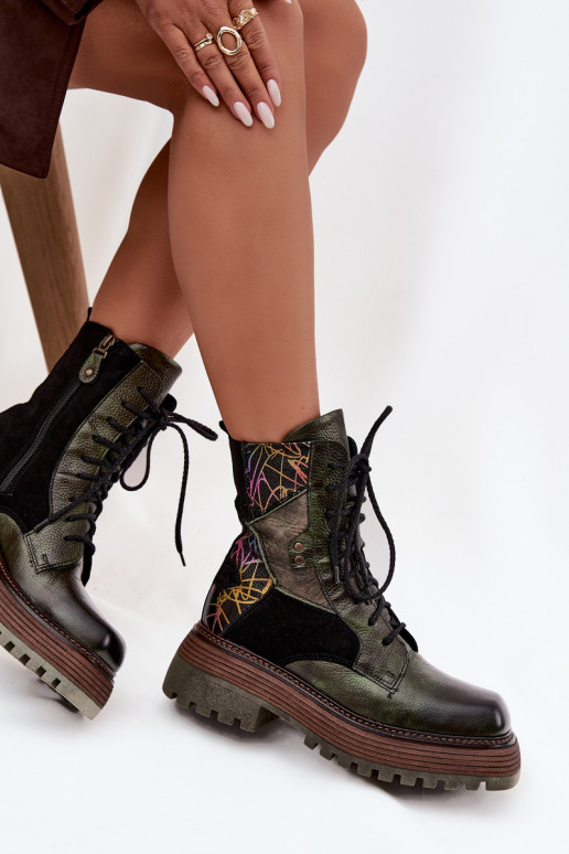 Leer Enkellaarsjes voor Inerknemers Dames met platform Het heeftciejka 07104-09 kaki kleuren