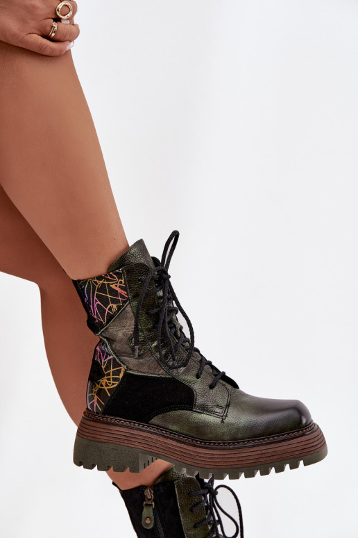 Leer Enkellaarsjes voor Inerknemers Dames met platform Het heeftciejka 07104-09 kaki kleuren