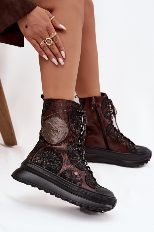 Leer Laarzen met platform opInarmen Het heeftciejka 06565-02 bruin-gouden kleur