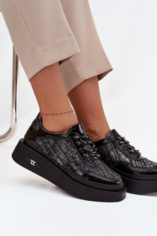 Leren dames veterschoenen met plateau Artiker 57C2043, zwart en zilver kleur