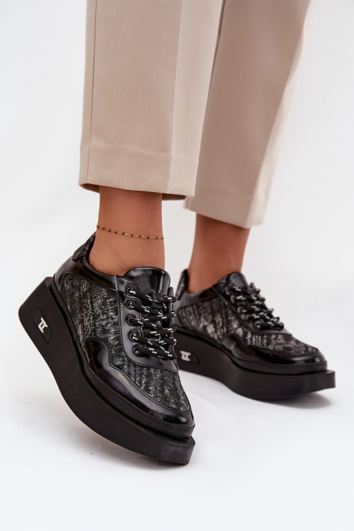 Leren dames veterschoenen met plateau Artiker 57C2043, zwart en zilver kleur