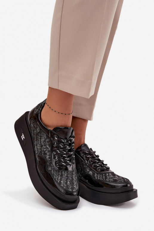 Leren dames veterschoenen met plateau Artiker 57C2043, zwart en zilver kleur