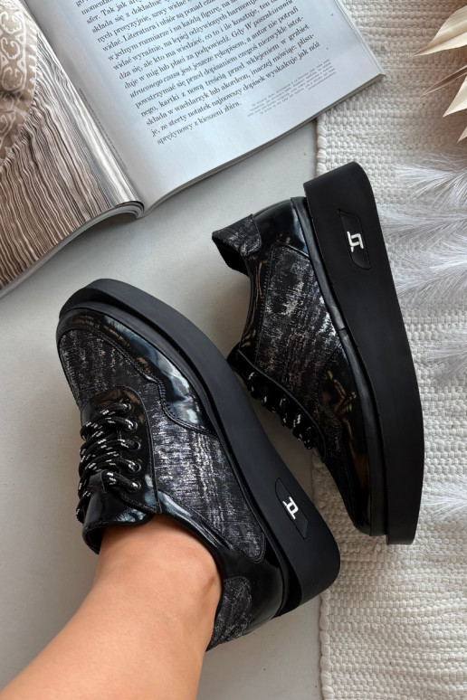 Leren dames veterschoenen met plateau Artiker 57C2043, zwart en zilver kleur