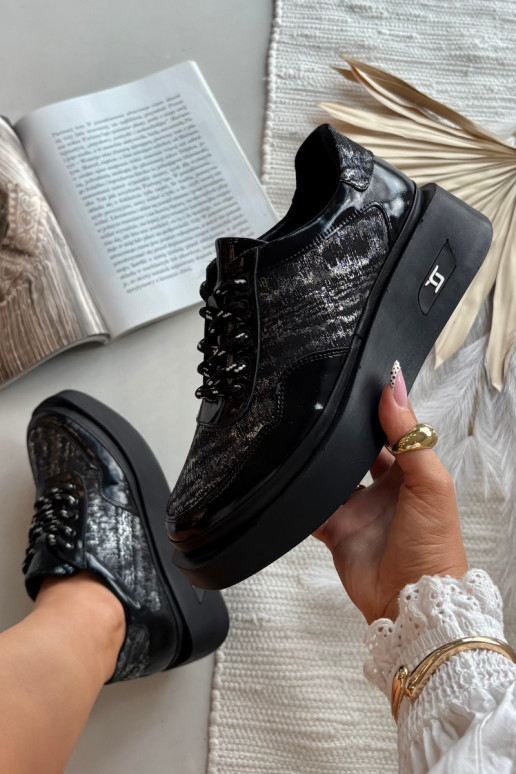 Leren dames veterschoenen met plateau Artiker 57C2043, zwart en zilver kleur