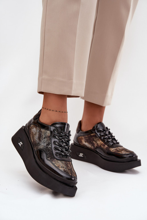 Leren dames veterschoenen met plateau Artiker 57C2042, zwart en goud kleur