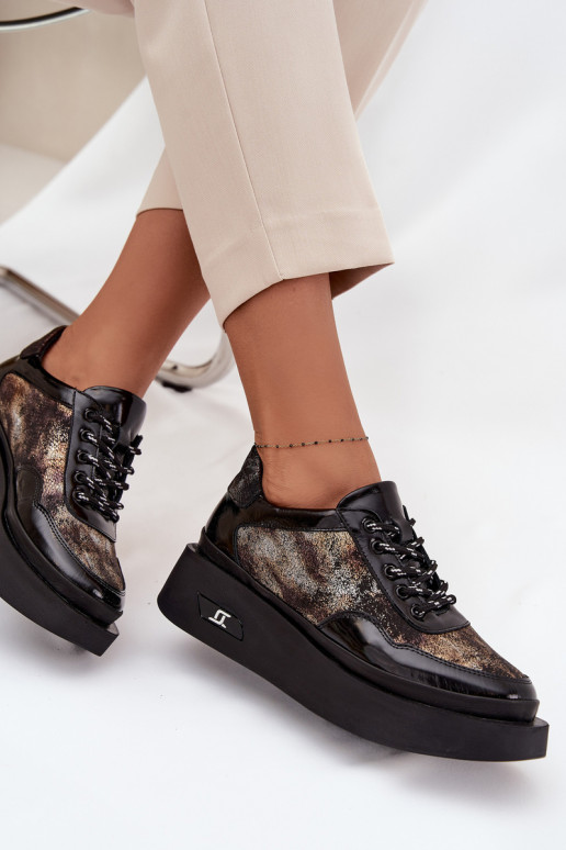 Leren dames veterschoenen met plateau Artiker 57C2042, zwart en goud kleur