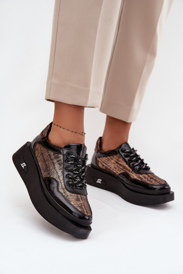 Leren dames veterschoenen met plateau Artiker 57C2044, zwarte kleur