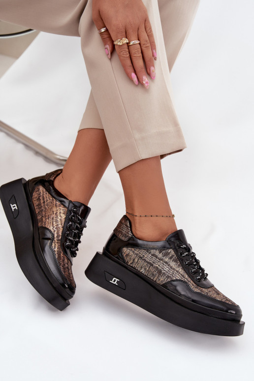 Leren dames veterschoenen met plateau Artiker 57C2044, zwarte kleur