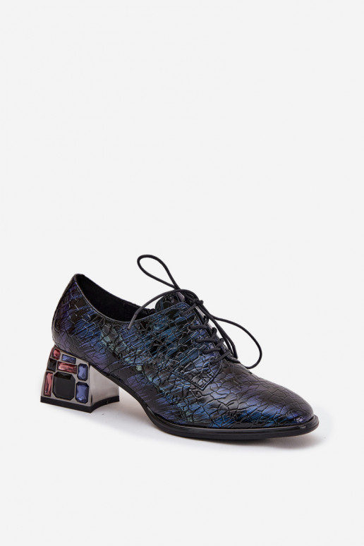 Donkerblauwe leren dames instappers met hakken en glinsterende steentjes „Artiker 55C0428"