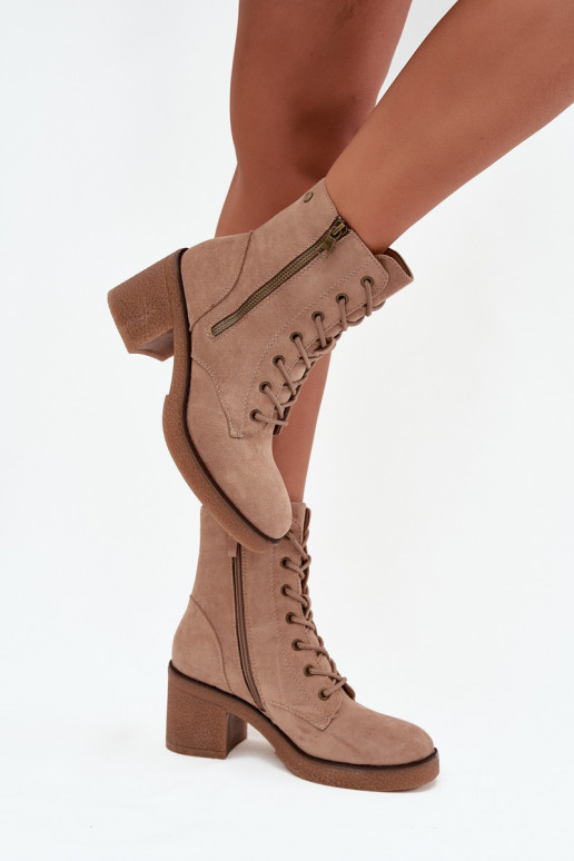 Gewatteerde dames zandkleurige enkellaarsjes met veters en ritsen Paressa