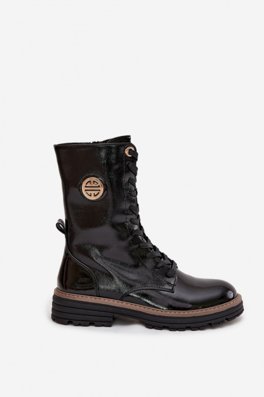 gelakte werk dames enkellaarsjes met gouden details gevoerd zwart Dorialine