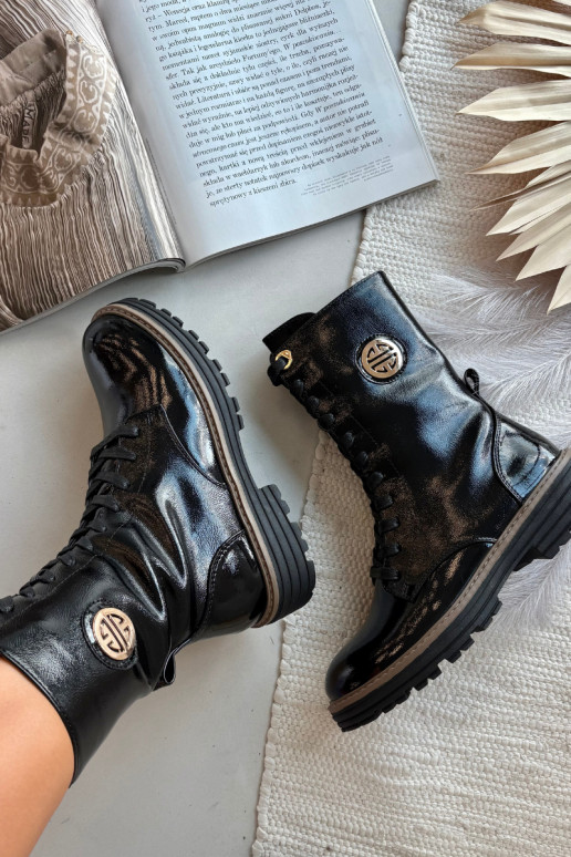 gelakte werk dames enkellaarsjes met gouden details gevoerd zwart Dorialine