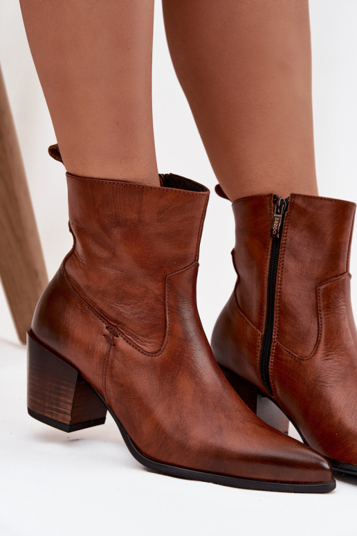 Leer Laarzen in coInboystijl Dames met hakken opInarmen Zazoo 60565 bruine kleur