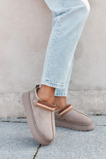 Sneeuwlaarzen voor dames laag met bewegende riempjes en borduurwerk, met platform zandkleurig Lyrisse