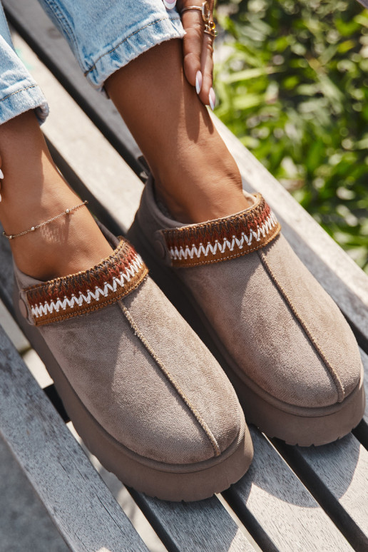 Sneeuwlaarzen voor dames laag met bewegende riempjes en borduurwerk, met platform zandkleurig Lyrisse