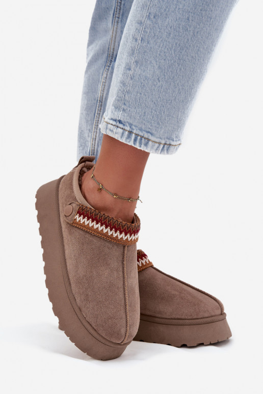 Sneeuwlaarzen voor dames laag met bewegende riempjes en borduurwerk, met platform zandkleurig Lyrisse