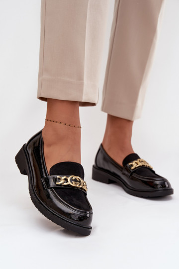 Lakken dames mocassins met gouden details S.Barski HY52-540 zwarte kleur