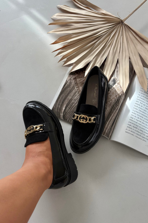 Lakken dames mocassins met gouden details S.Barski HY52-540 zwarte kleur