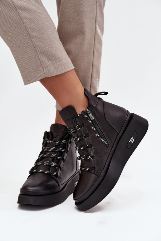 Leren dames enkellaarsjes met platform, gevoerd, Artiker 55C0809 zwarte kleur