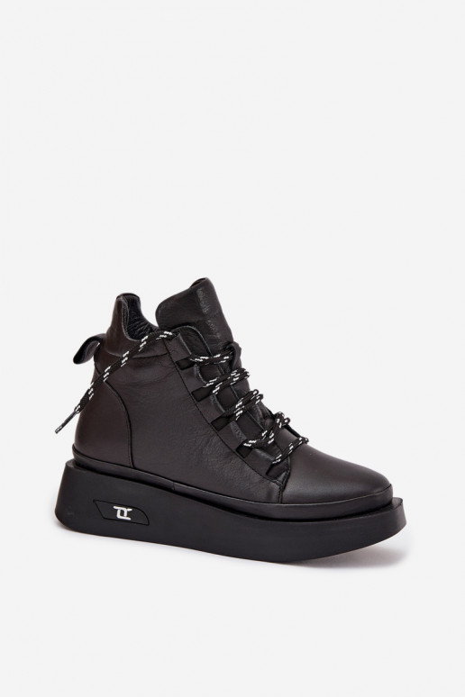 Leren dames enkellaarsjes met platform, gevoerd, Artiker 55C0809 zwarte kleur