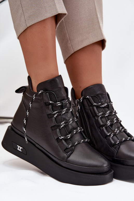 Leren dames enkellaarsjes met platform, gevoerd, Artiker 55C0809 zwarte kleur