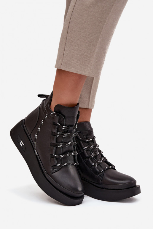 Leren dames enkellaarsjes met platform, gevoerd, Artiker 55C0809 zwarte kleur