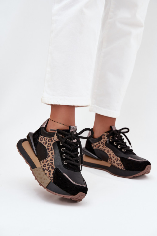 Leren dames sneakers in sportieve stijl met platform en luipaardprint Artiker 55C0134 zwarte kleur
