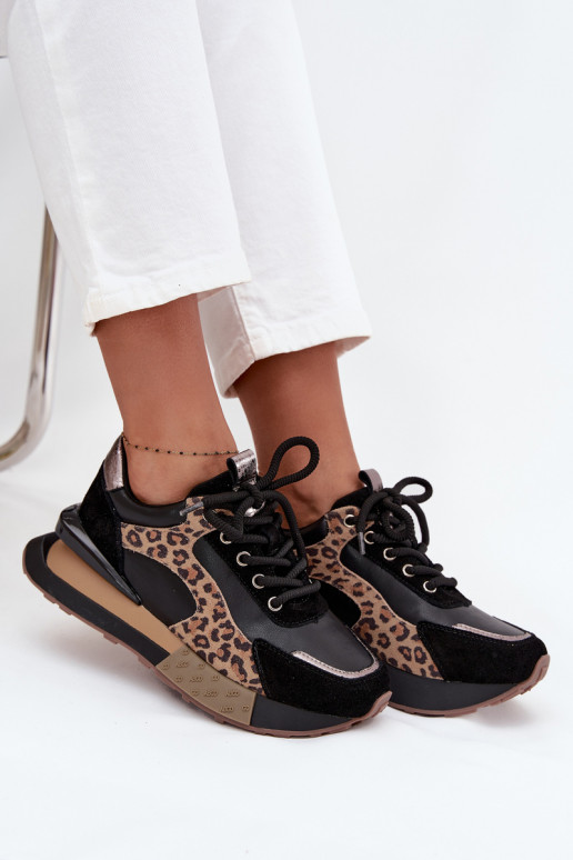 Leren dames sneakers in sportieve stijl met platform en luipaardprint Artiker 55C0134 zwarte kleur