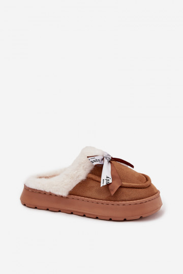Damespantoffels met bont en strik, bruine kleur „Fenella" 2